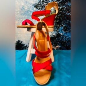 Fendi Rio Wedge Sandals - Leather & Red Gross grain Ribbon. Zip Backs size 5 1/2